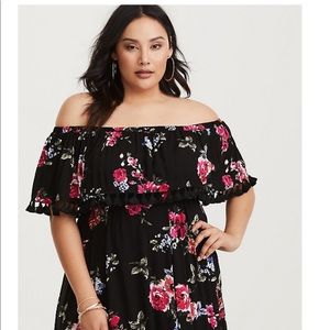 EUC TORRID BLACK FLORAL CHALLIS OFF SHOULDER MAXI